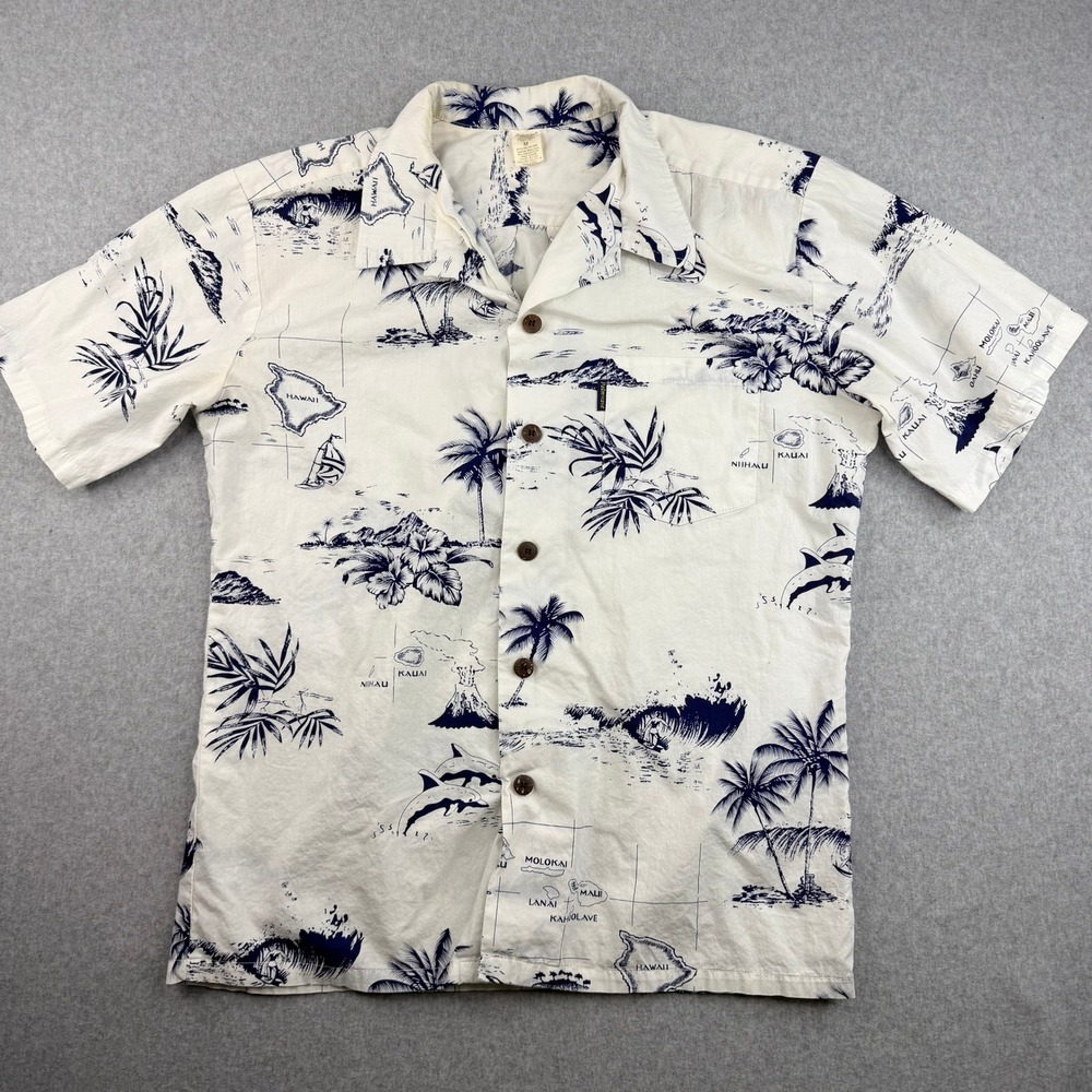 Palmwave Hawaii Mens Medium White‎ Navy Blue Map Print Cotton Aloha Shirt